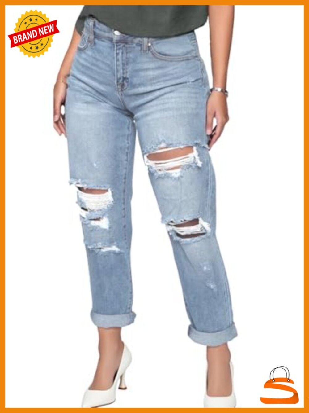 High Waist Denim Jeans Shaping Legs Distressed Boot Cut Ripped Trendy Cropped